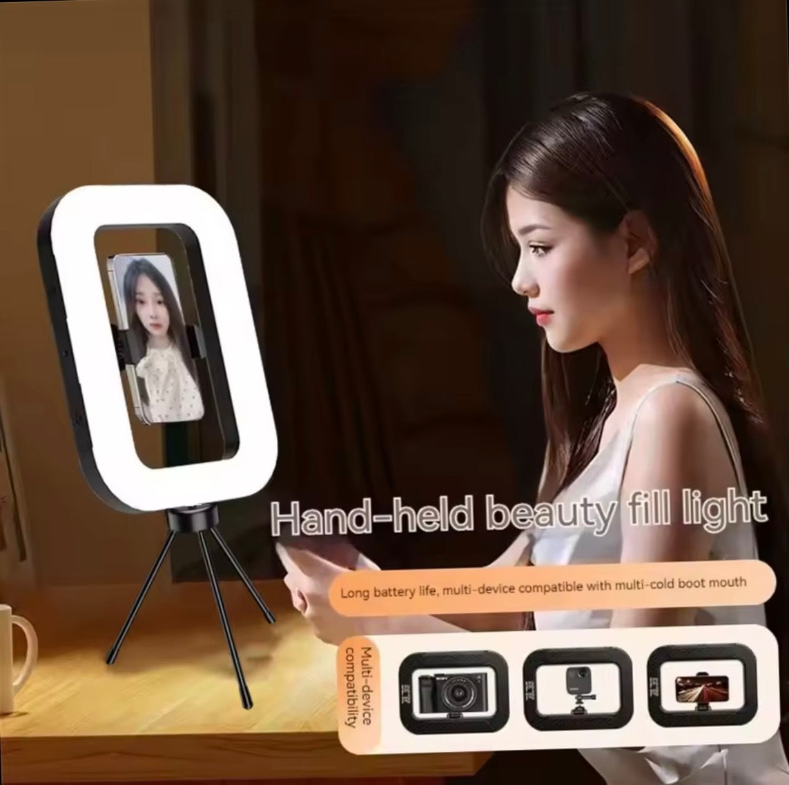 Roreta Handheld Ring LED Rechargeable Portable Mobile Phone Live Broadcast Photography Desktop Rabbit Cage Selfie fill Light